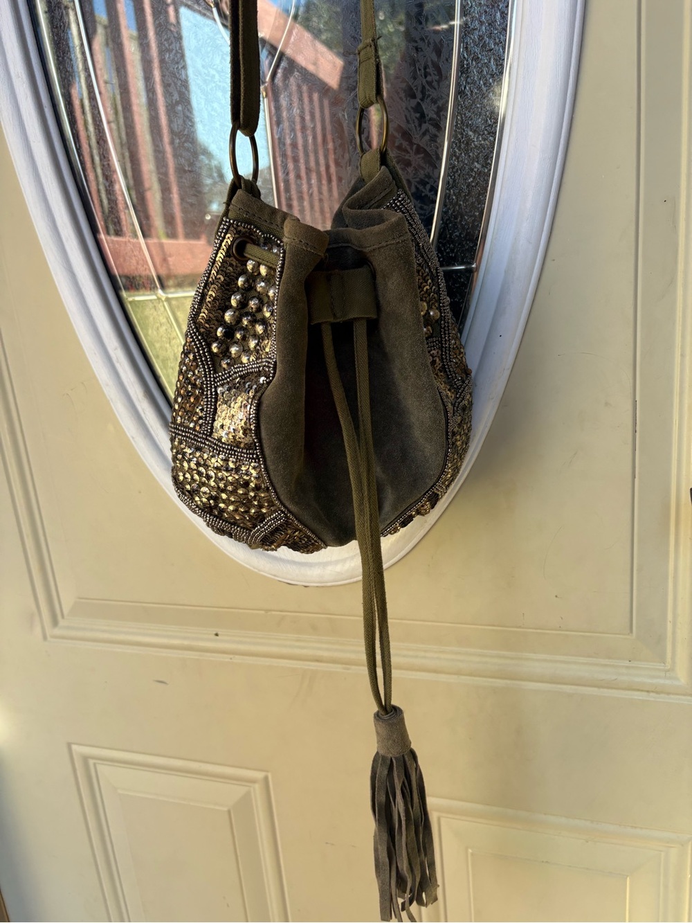 Crown Vintage Olive Suede Beaded Drawstring Bucket Bag